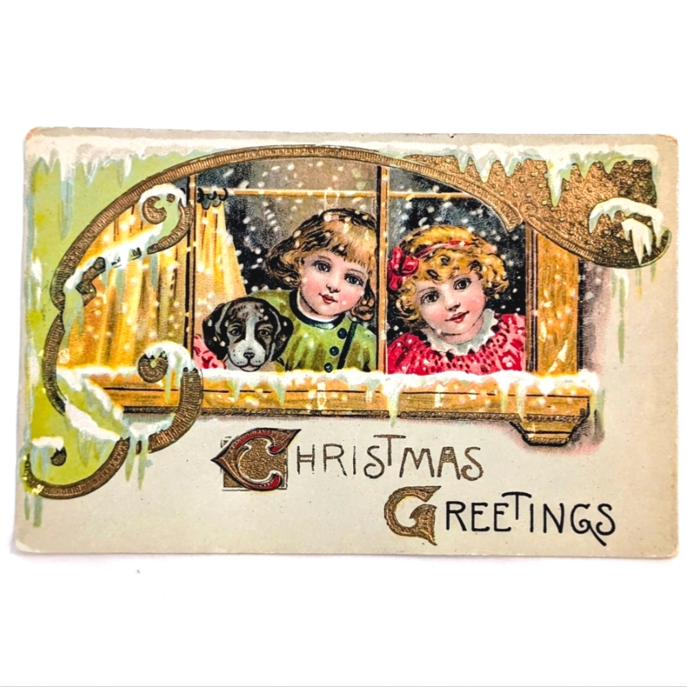 Antique Christmas Postcard Children Dog Snowy Window Gold Embossed Saxony